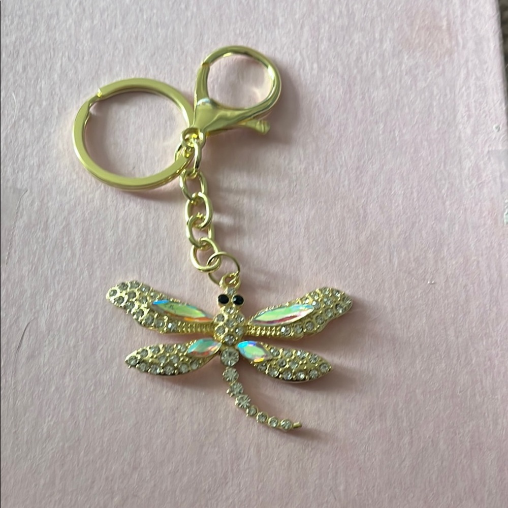Gold Dragonfly Keychain with Rhinestones